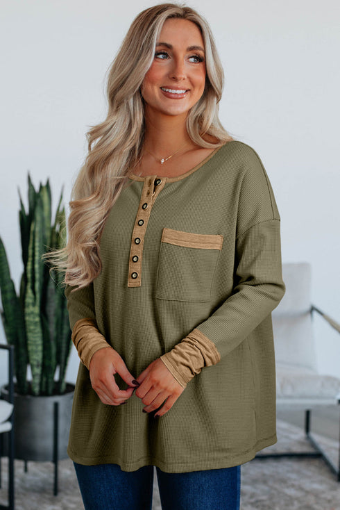 Color Block Waffle Textured Tunic Henley Top with Slits